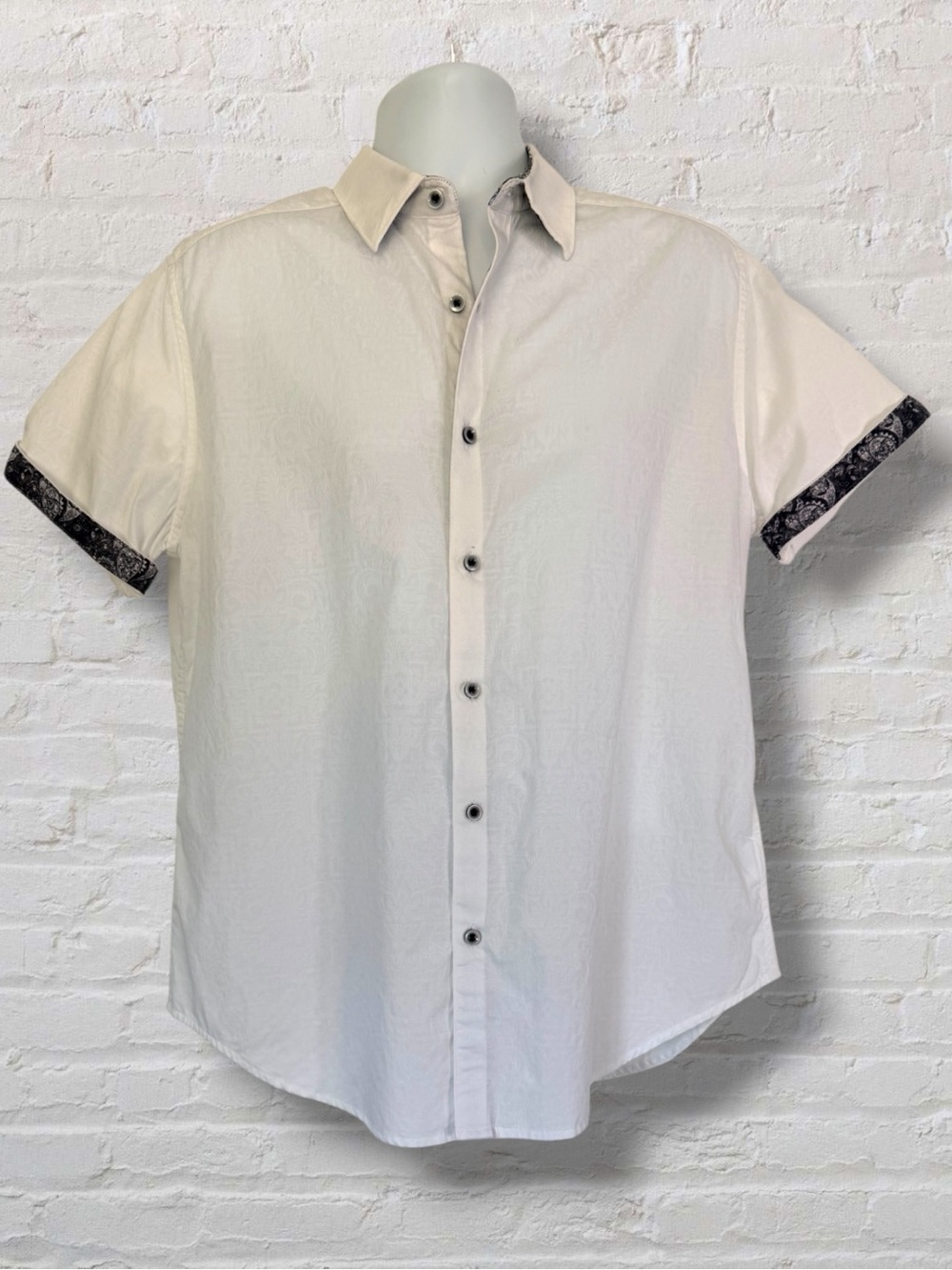 Robert Graham Mens Large White Paisley Jacquard Button Up Short Sleeve Shirt